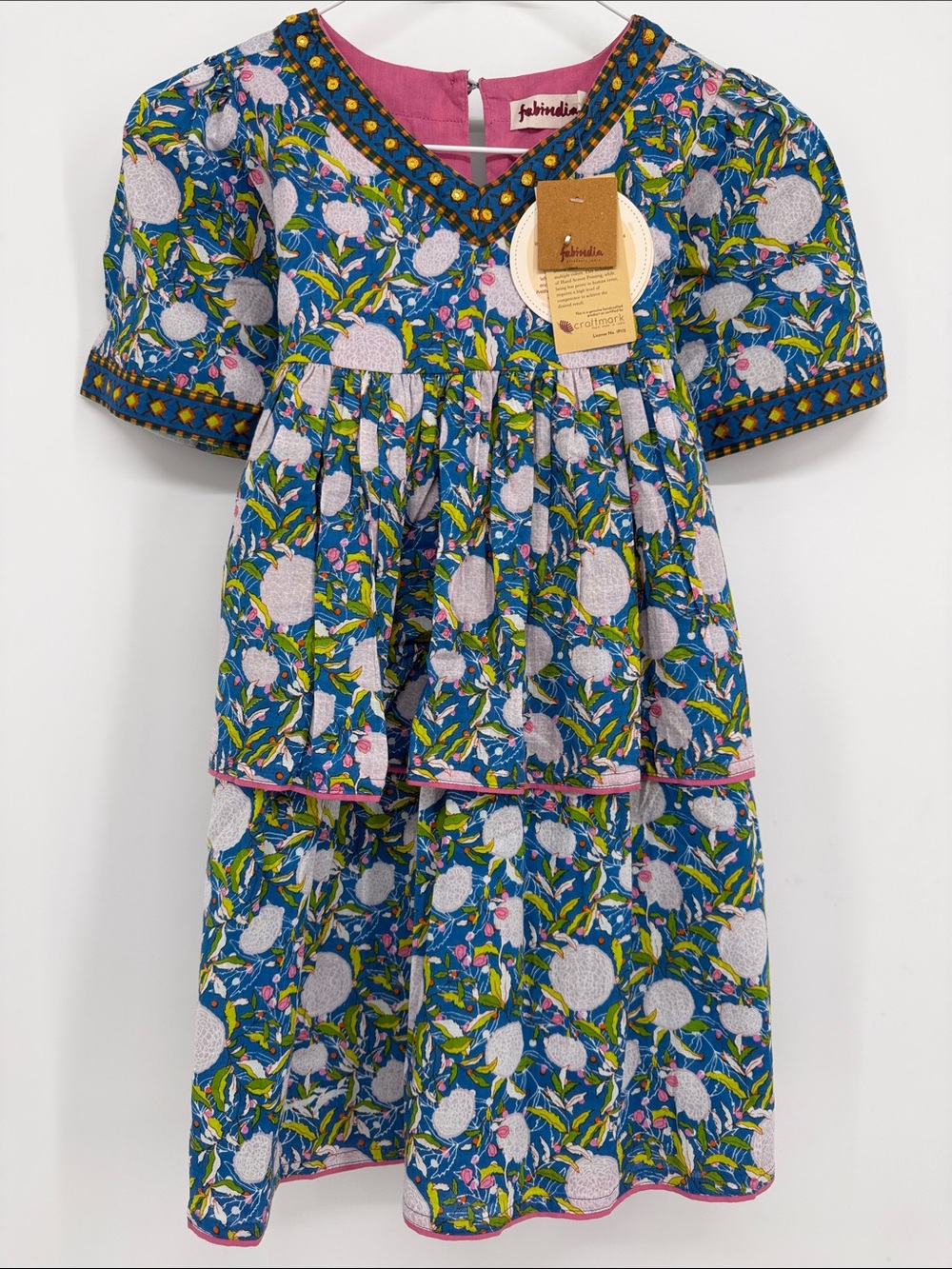 NWT Fabindia Girls Floral Cotton Dress 6-8Y Blue Pink India‎